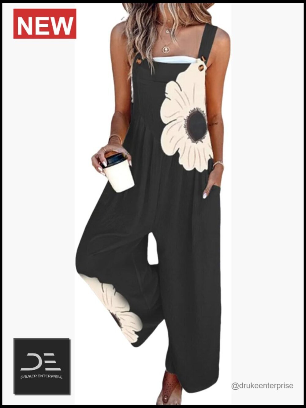 Sleeveless Floral Overalls Jumpsuit with Pockets Wide Leg Romper
